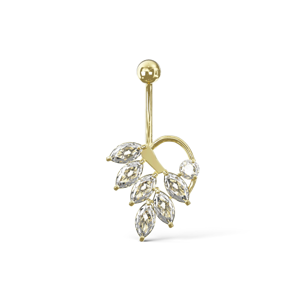 NYSSA 14K Solid Gold Cubic Zirconia Set Leaf Belly Ring