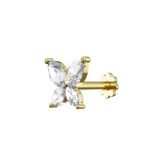 ERANTHIS 14K Solid Gold Cubic Zirconia Butterfly Flower Flat Back Stud