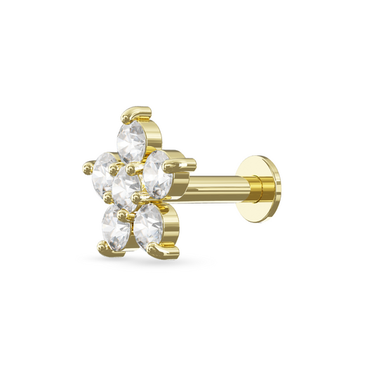 Lantana 14K Solid Gold Cubic Zirconia Studded Flower Flat Back Stud