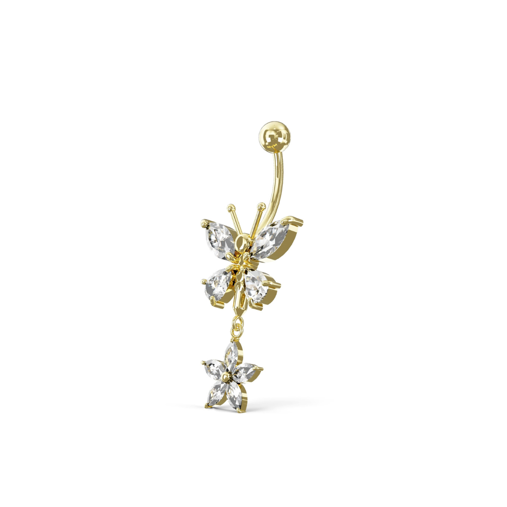 MELIA 14K Solid Gold Cubic Zirconia Dragonfly Floral Dangling Belly Ring