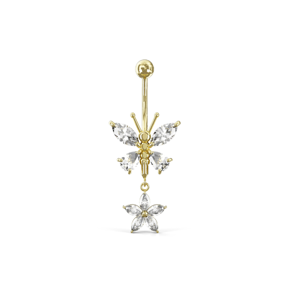 MELIA 14K Solid Gold Cubic Zirconia Dragonfly Floral Dangling Belly Ring