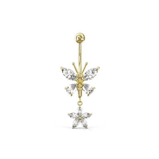 Melia 14K Solid Gold Cubic Zirconia Dragonfly Floral Dangling Belly Ring