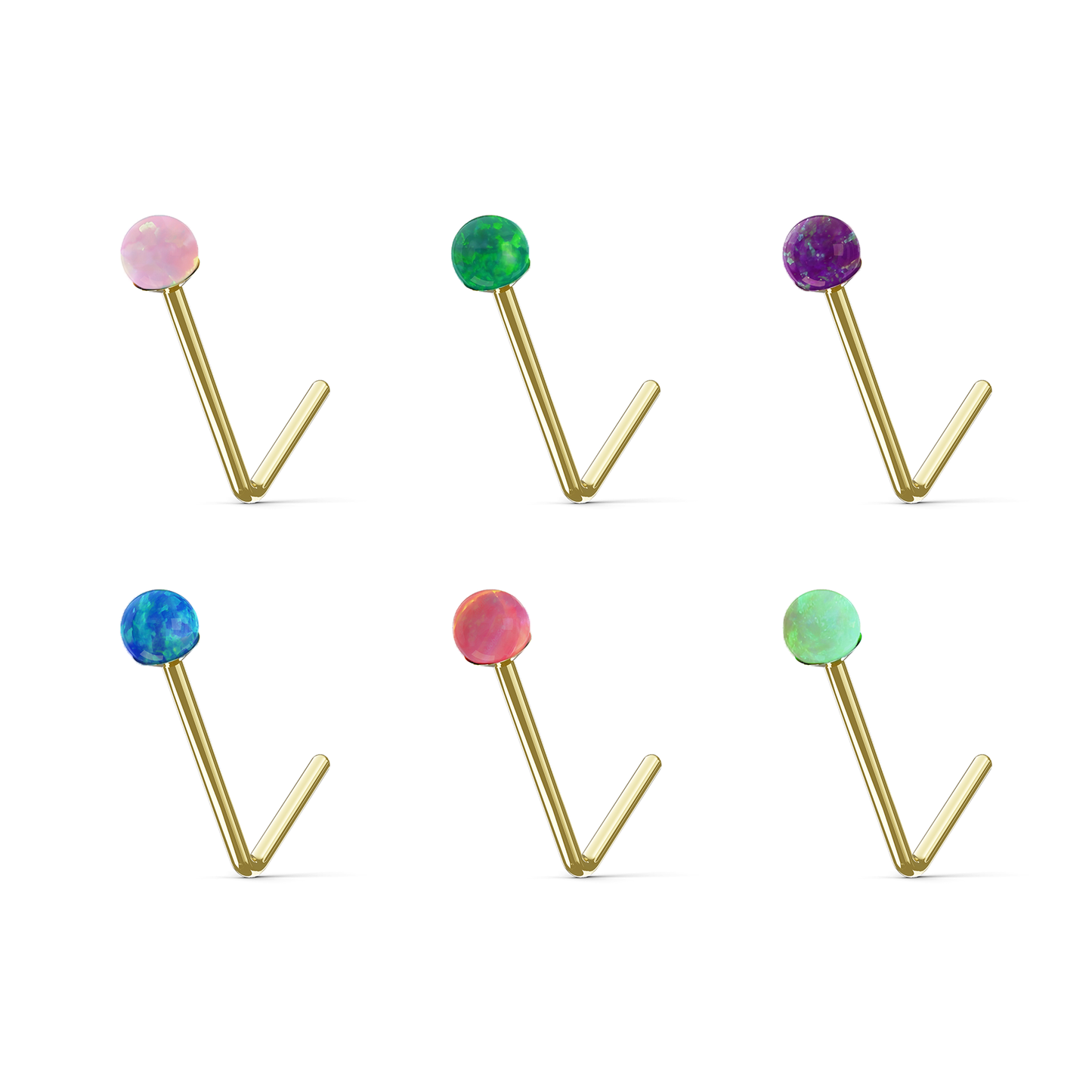 PINKS 9K Solid Gold Round Opal Stone L-Bend Stud