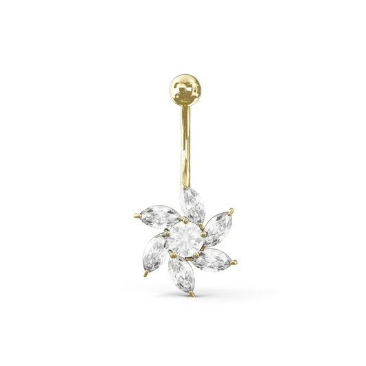 Crocus 14K Solid Gold Cubic Zirconia Marquise Petal Flower Belly Ring