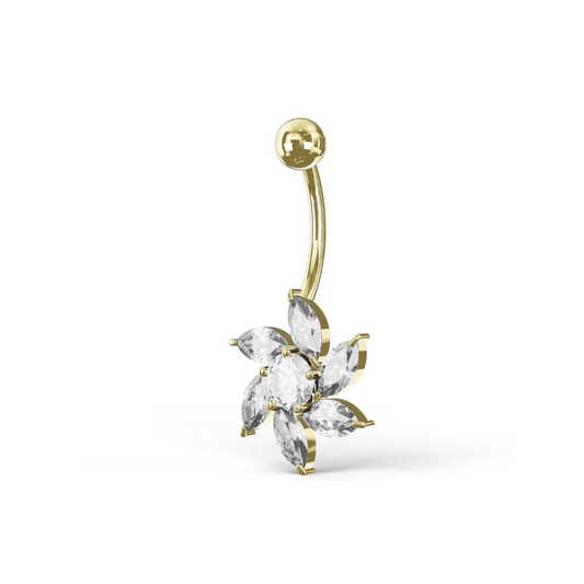 Crocus 14K Solid Gold Cubic Zirconia Marquise Petal Flower Belly Ring